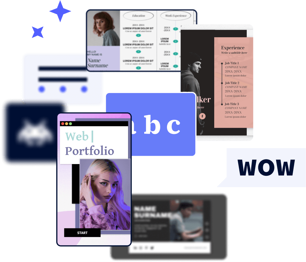 Collage de plantillas de currículum interactivo creadas con Genially, acompañado de la palabra WoW