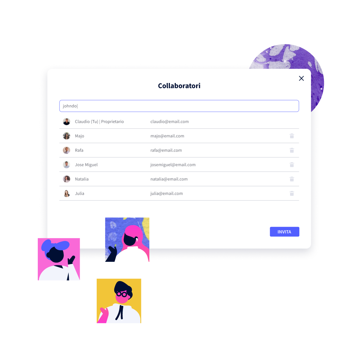 Layout con Alies (personaggi dell'universo Genially) e schermata di aggiunta di collaboratori a un genially
