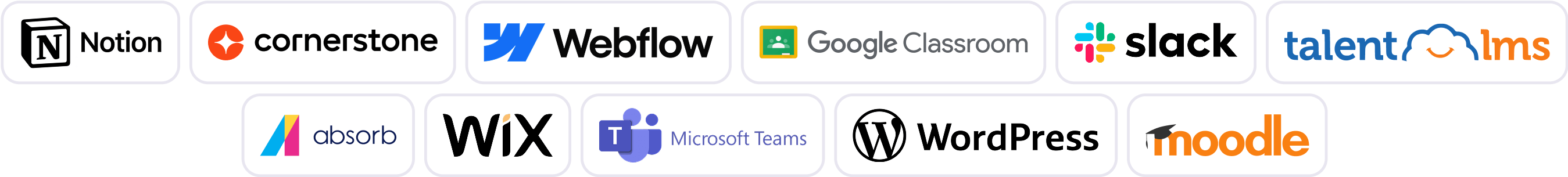 Logos of integrated platforms including Notion, Cornerstone, Webflow, Google Classroom, Slack, TalentLMS, Absorb, Wix, Microsoft Teams, WordPress, and Moodle.