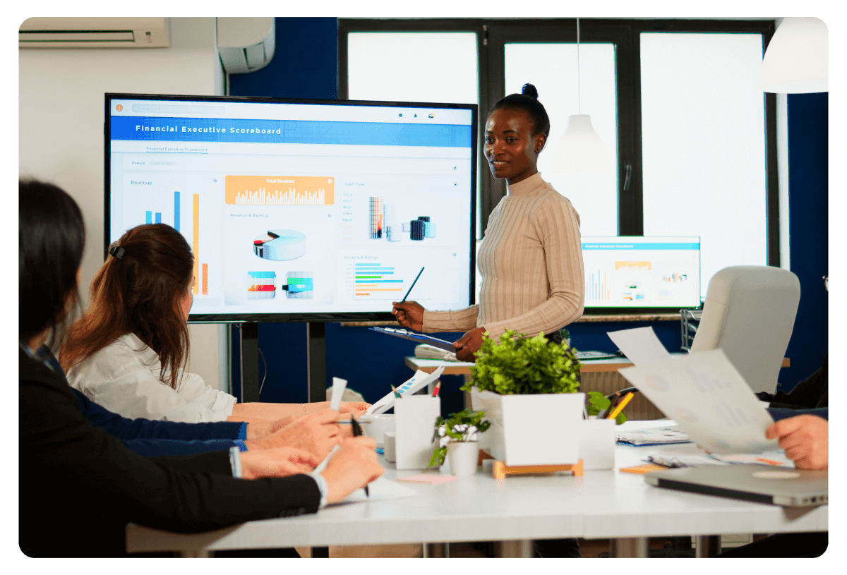 Team of people presenting a report