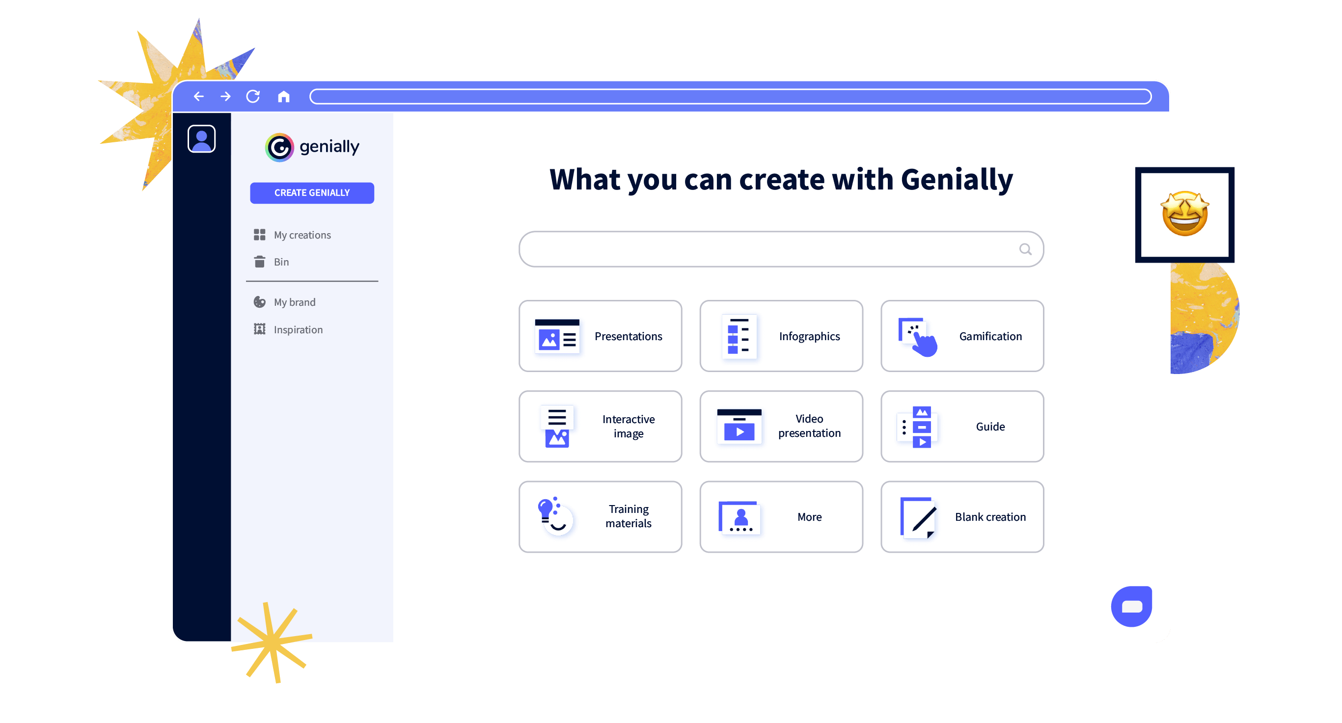 Screenshot of the different types of creations you can make in Genially