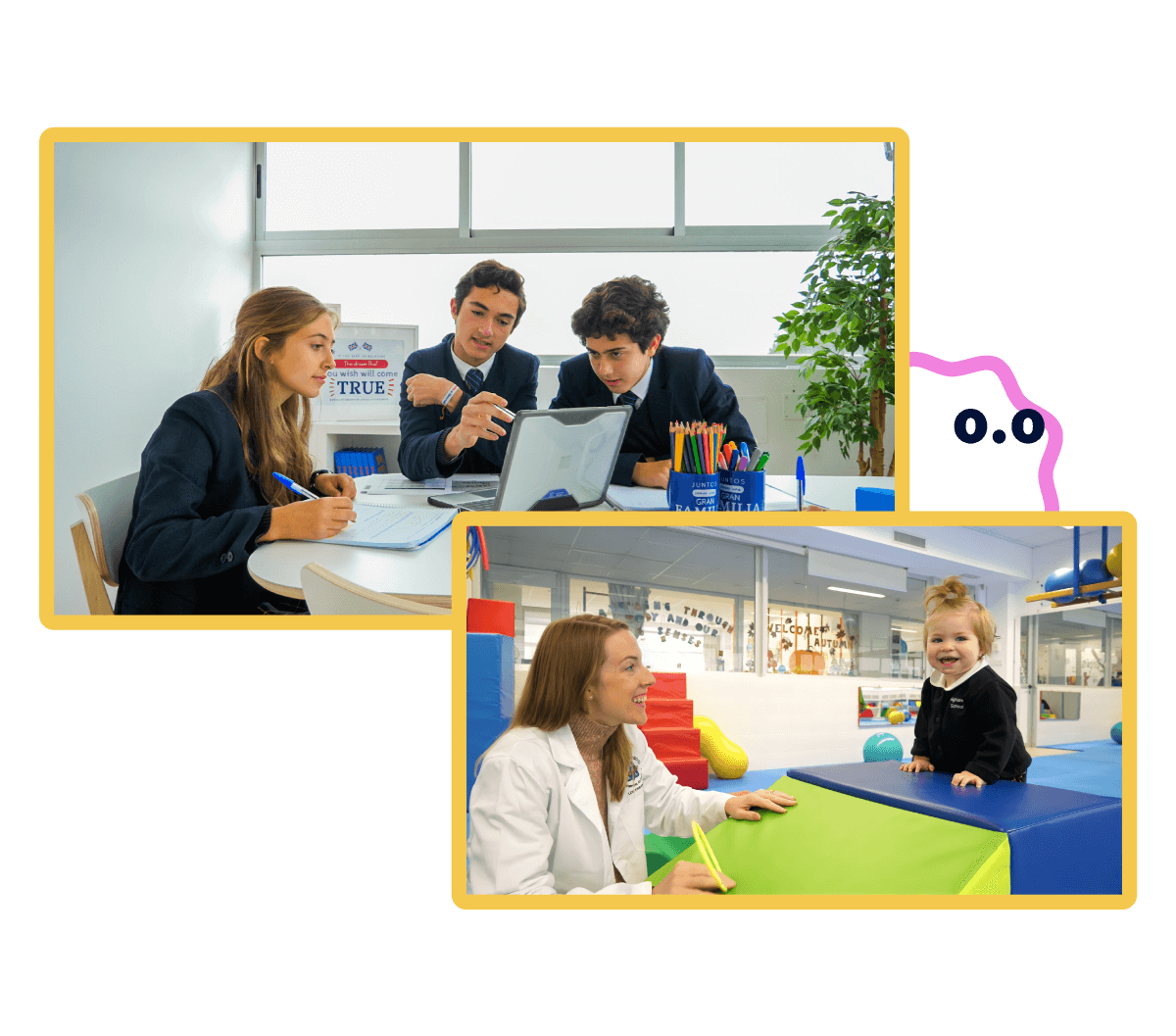 Photographs showing teenagers studying with a computer and a teacher and a girl at school