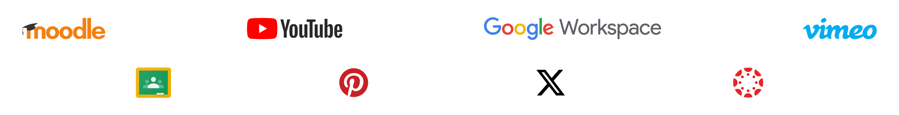 Image of platform integrations you can embed and integrate into your Genially: Moodle, YouTube, Google Workspace, Vimeo, Google Classroom, Pinterest, X, and Canvas