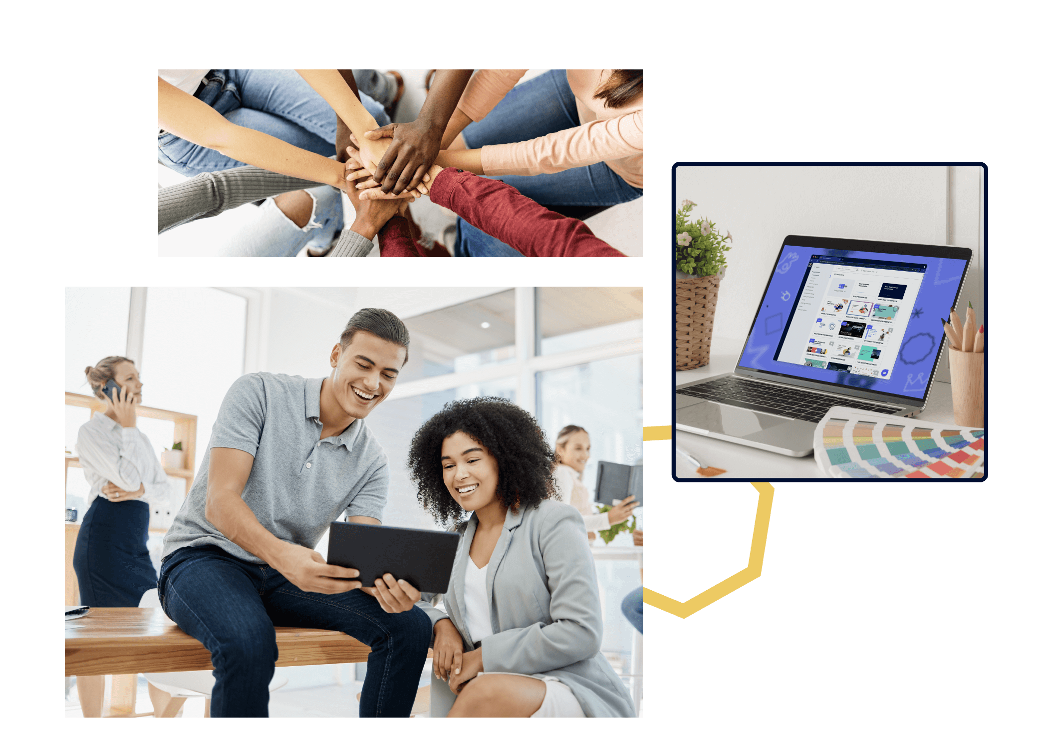 Photo montage of 3 photos, one of a computer with hands resting on top of each other, one with a laptop with Genially open and one with two people looking at a computer.