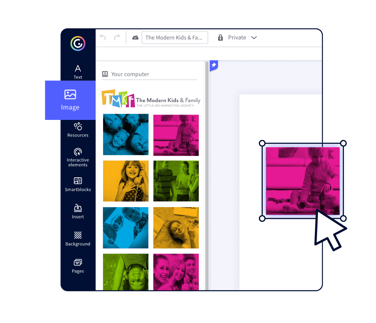 Genially panel where a user is seen uploading an image