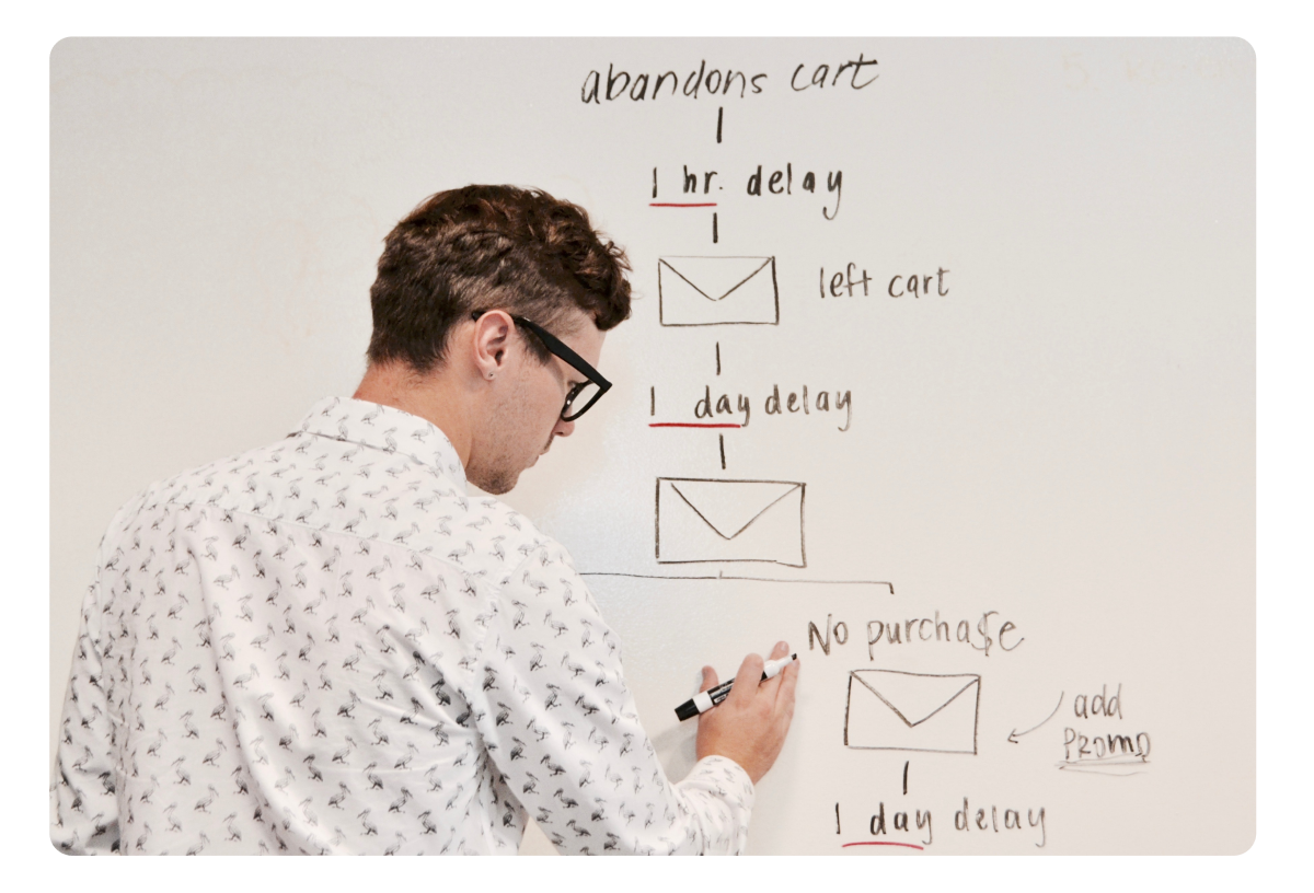 A man writing a flowchart on a blackboard